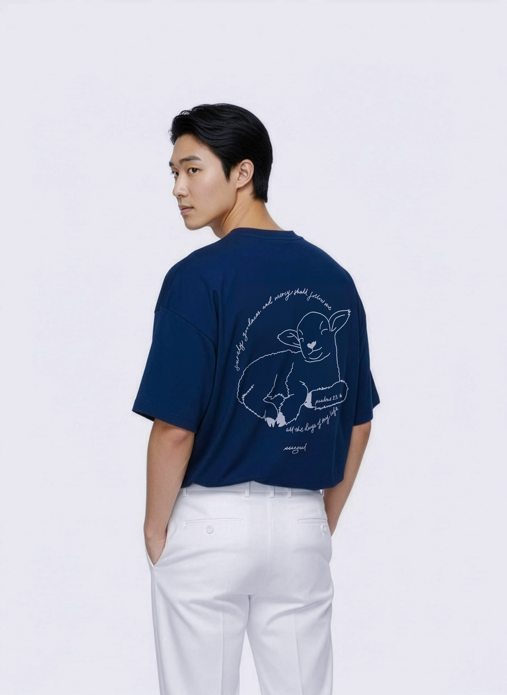 Surely Goodness & Mercy Will Follow me | Psalm 23:6 - NAVY CALLIGRAPHY Unisex Pure Cotton T-Shirt